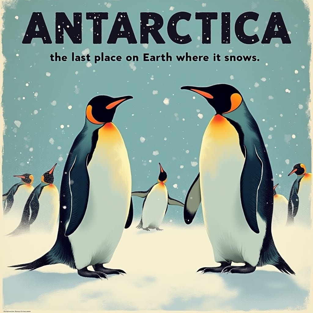 Vintage Antarctica Travel Poster with Penguins
