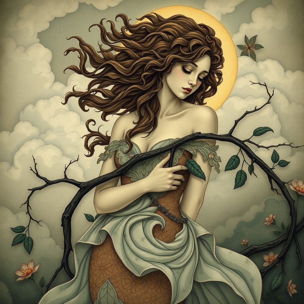 Ethereal Art Nouveau Portrait of a Sorrowful Siren