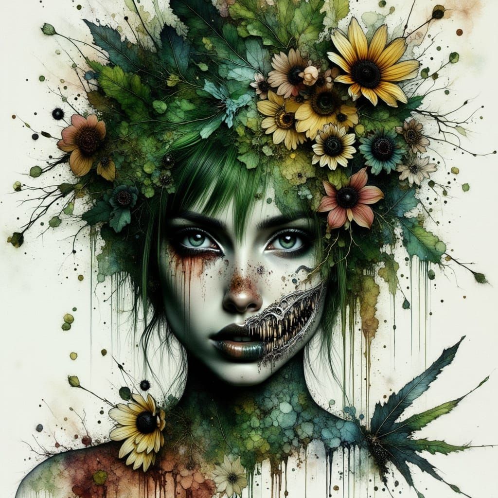 Gothic African Woman with Rotting Face in Watercolor