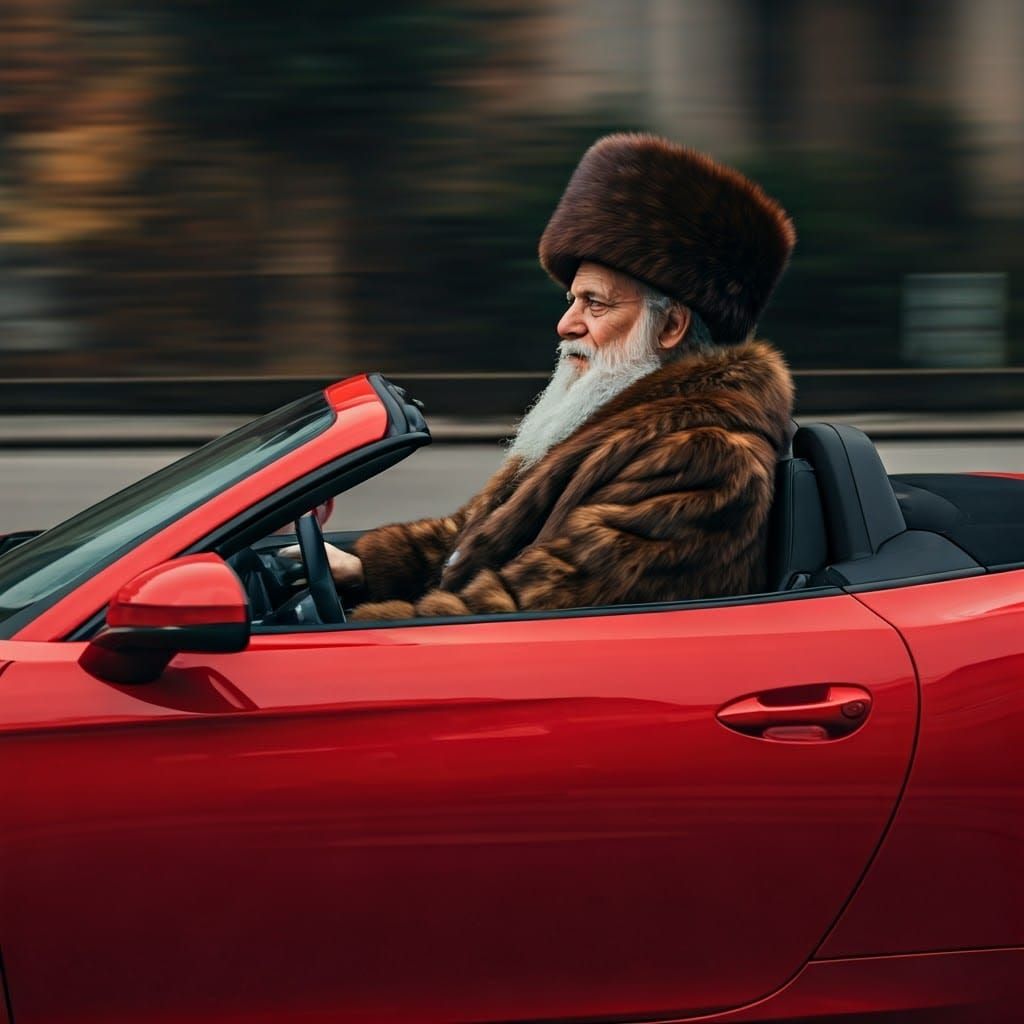 Elderly Man in Fur Coat Driving Sports Car, Hyperrealistic