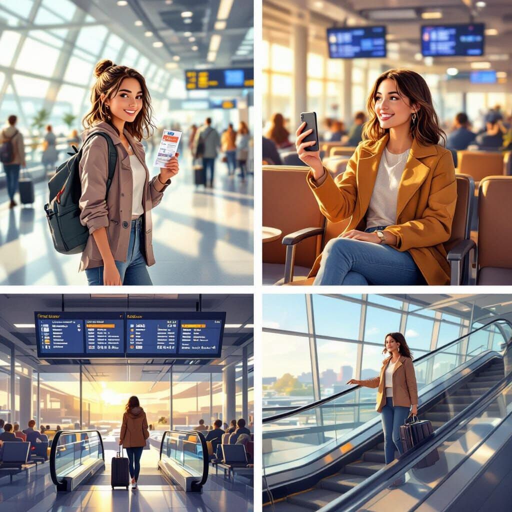 Young Woman's Airport Journey in 6 Cinematic Panels