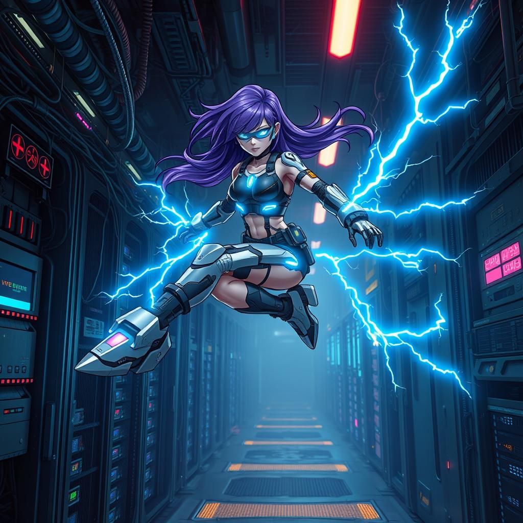 Cyborg Girl Warrior in Cyberpunk Machine Room