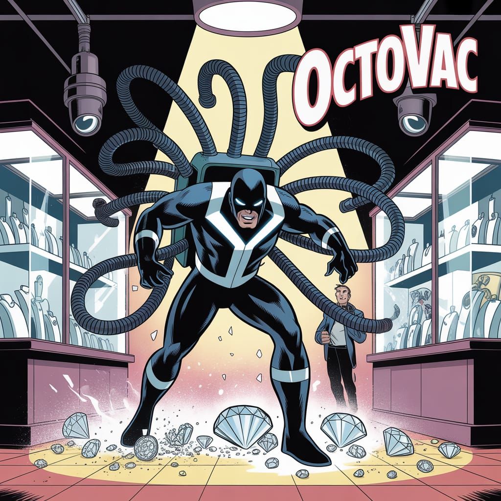 OctoVac, a nod to Doctor Octopus with vacuum attachments, robbing a jewelry store. The old school comic art seems fittin...