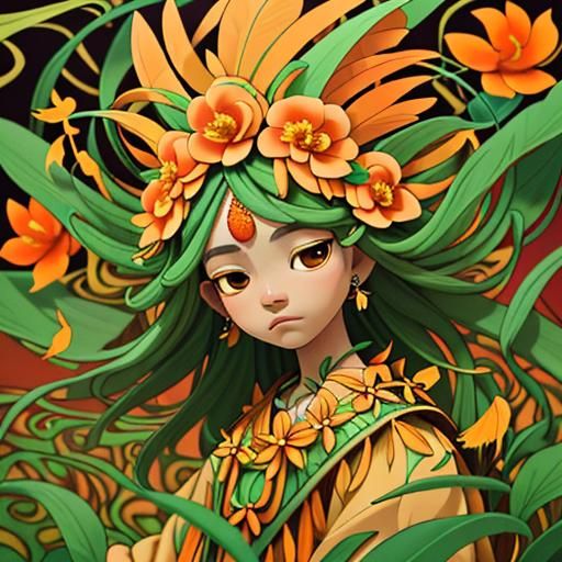 Indigenous Woman with Floral Crown, Botanical Art