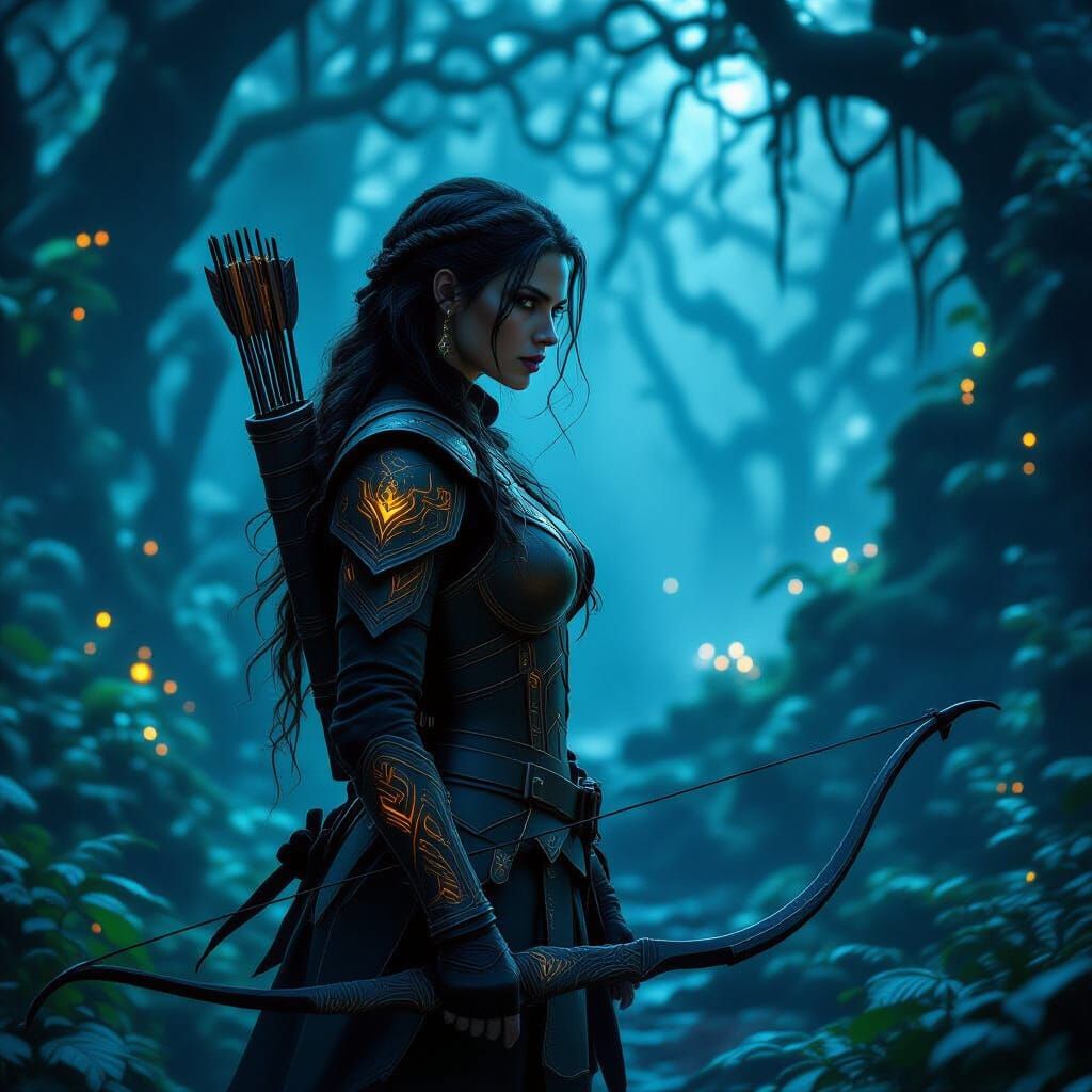 Dark Fantasy Huntress in Bioluminescent Forest