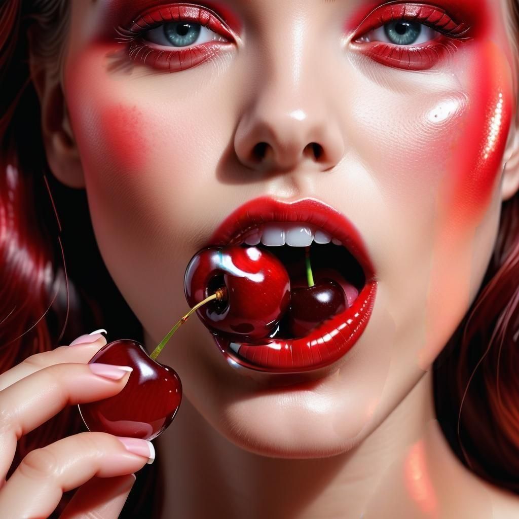 Intimate Close-Up: Woman and Cherry, Alcohol Ink