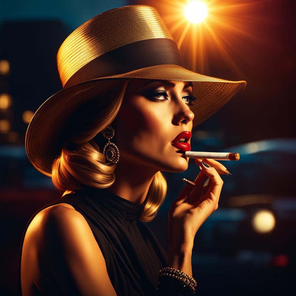 Film Noir Femme Fatale Smoking in Twilight