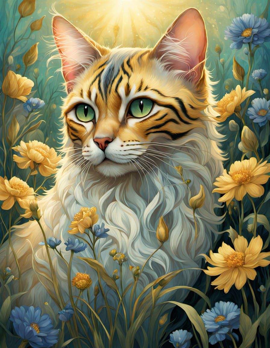 Bengal Cat in Whimsical Art Nouveau Garden