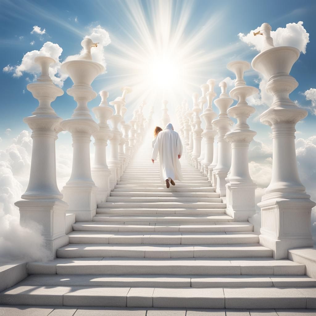 Angelic Figures Descending on Cloud Stairs
