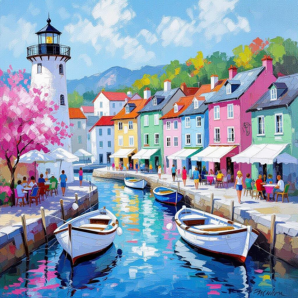 This vibrant, impressionistic painting captures a charming c...