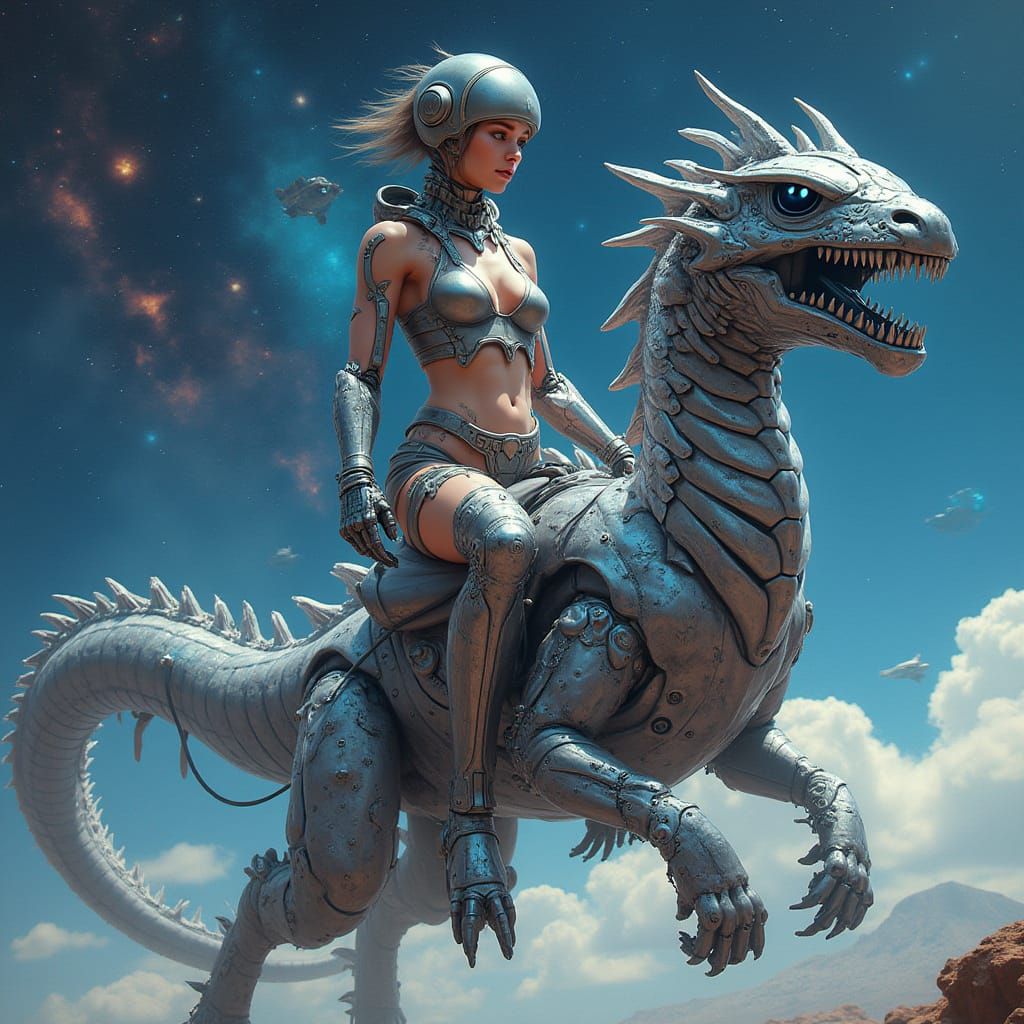 Cyberpunk Space Girl Rides Iridescent Metal Dragon