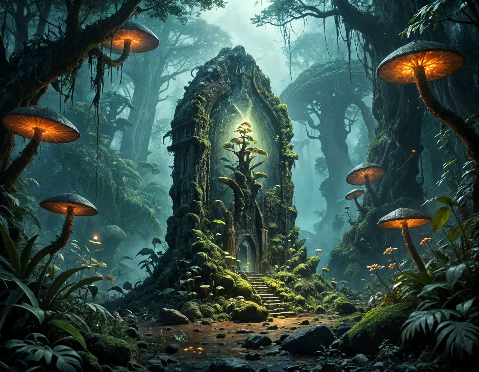 Alien Jungle Monolith with Glowing Fungi in Fantasy Concept ...