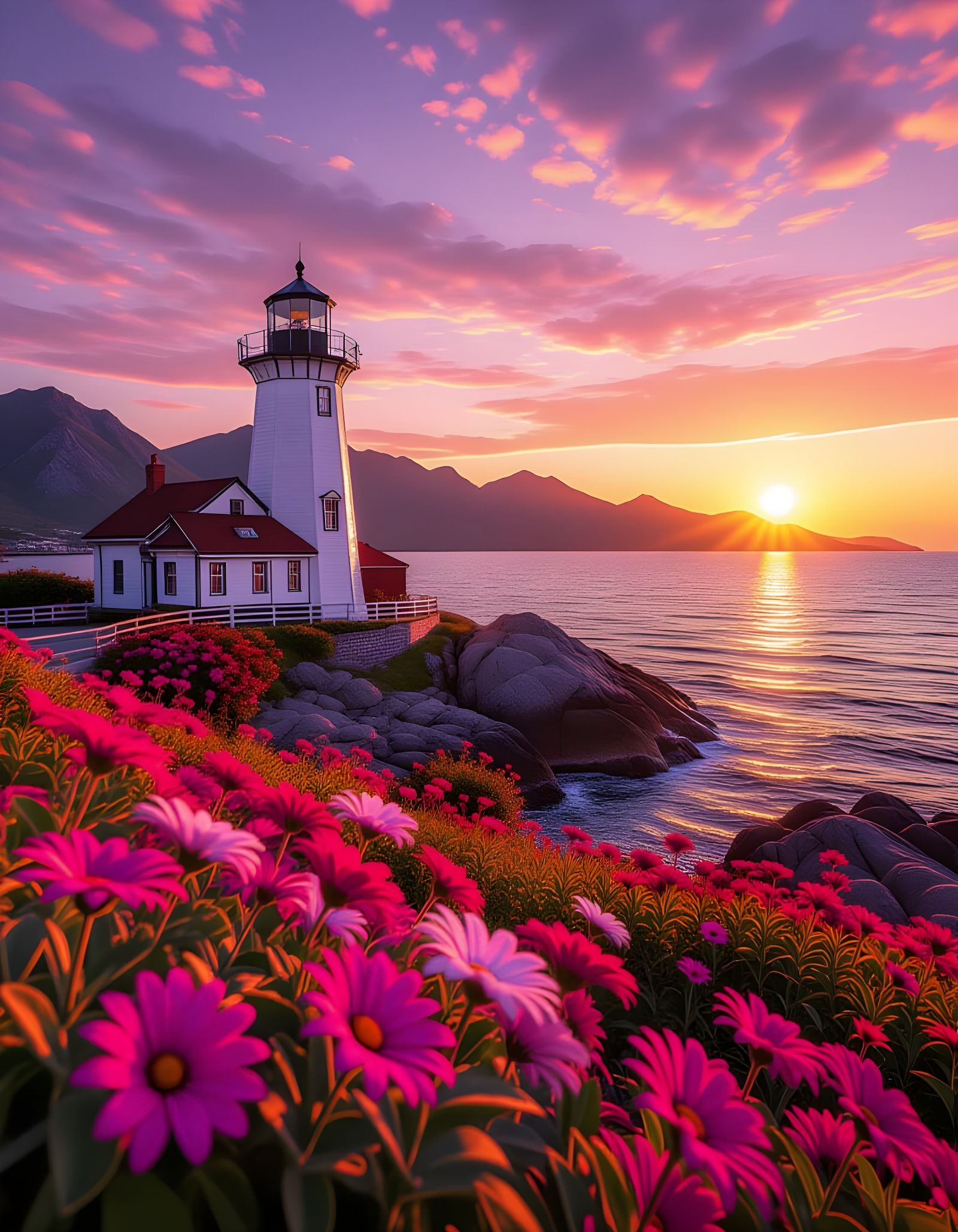 Magenta Sunset Over Mountain Landscape, Vivid HDR Photograph...