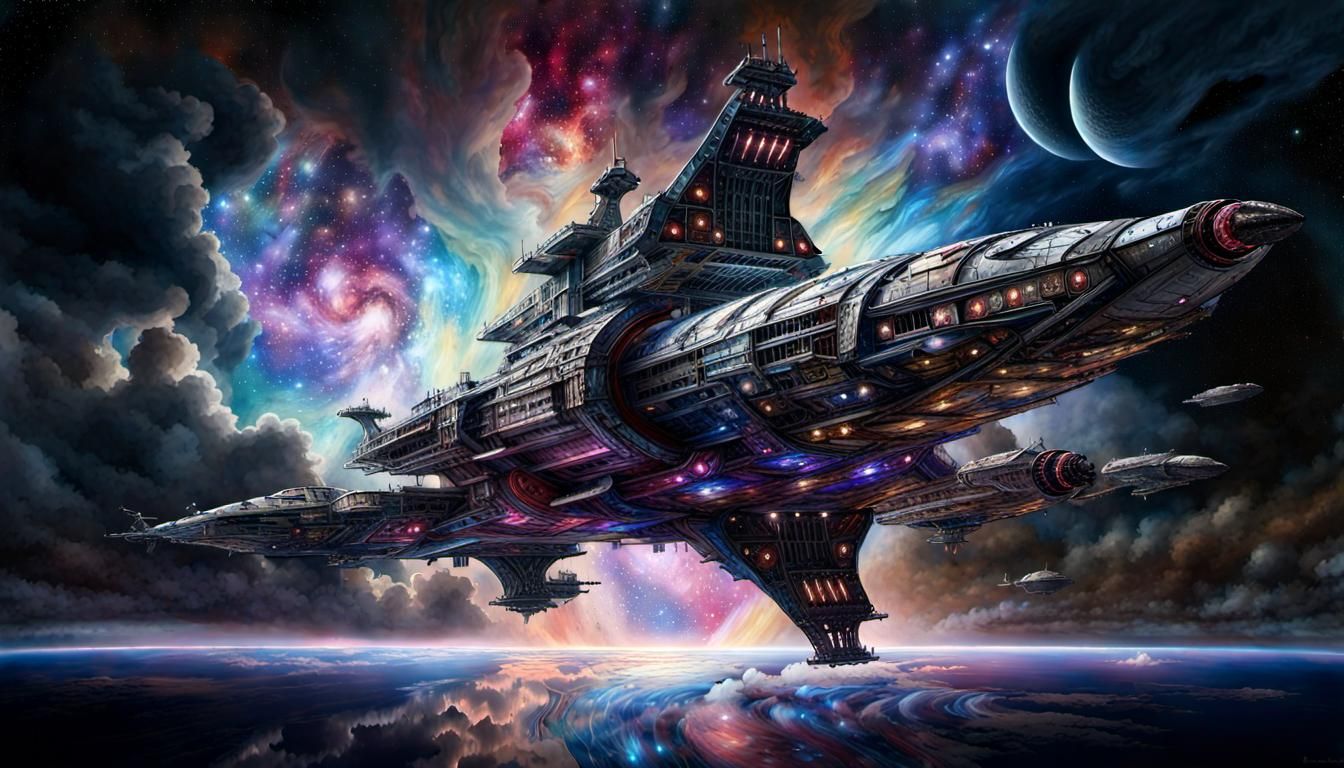 Fantastical Battleship in Nebula, Digital Painting