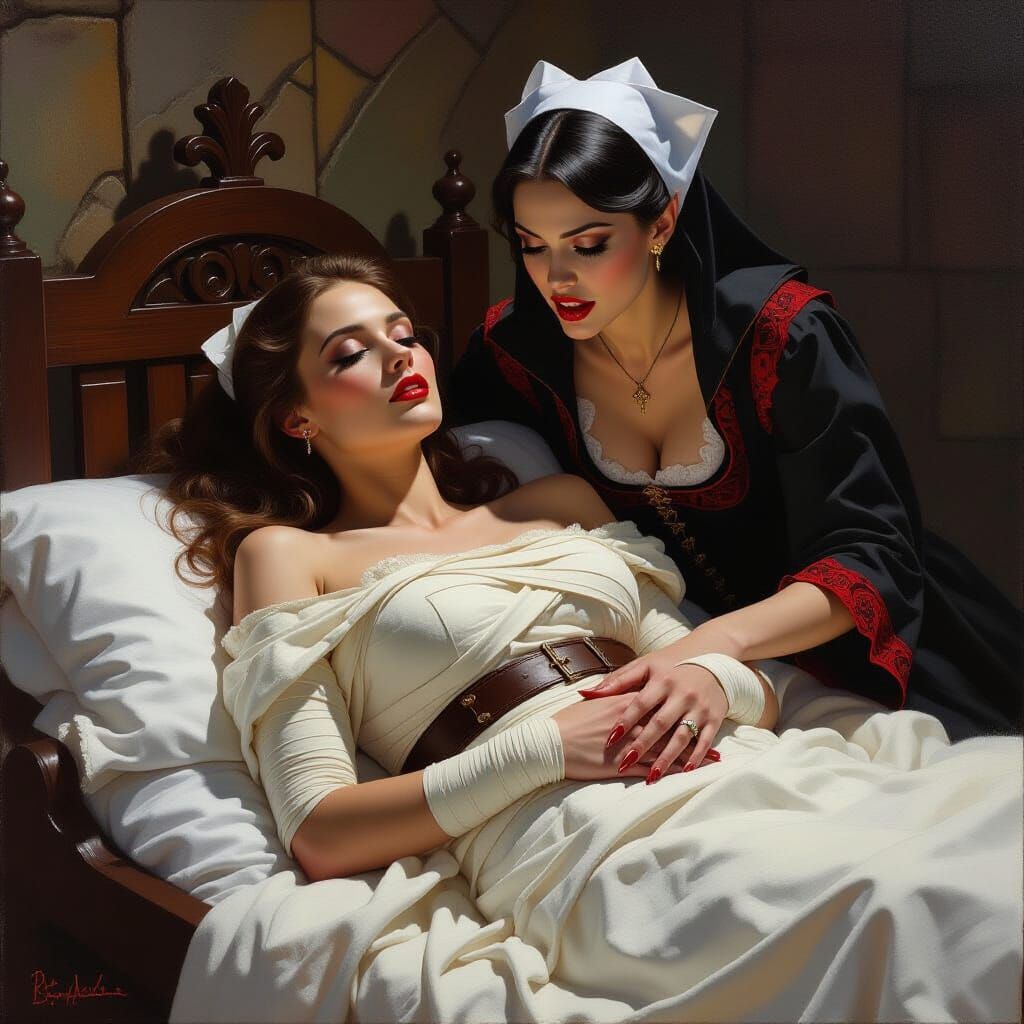 Vampire Nurse in Medieval Hospital, Oil Painting