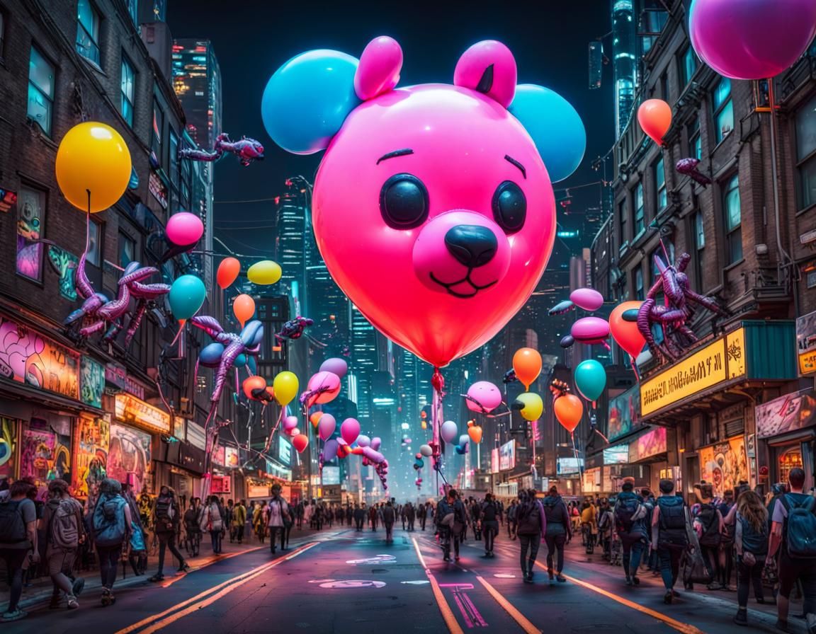Cyberpunk Street Parade with Animal Balloons