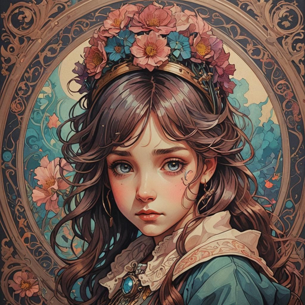 Children in Alphonse Mucha-Style Cyberpunk Scene