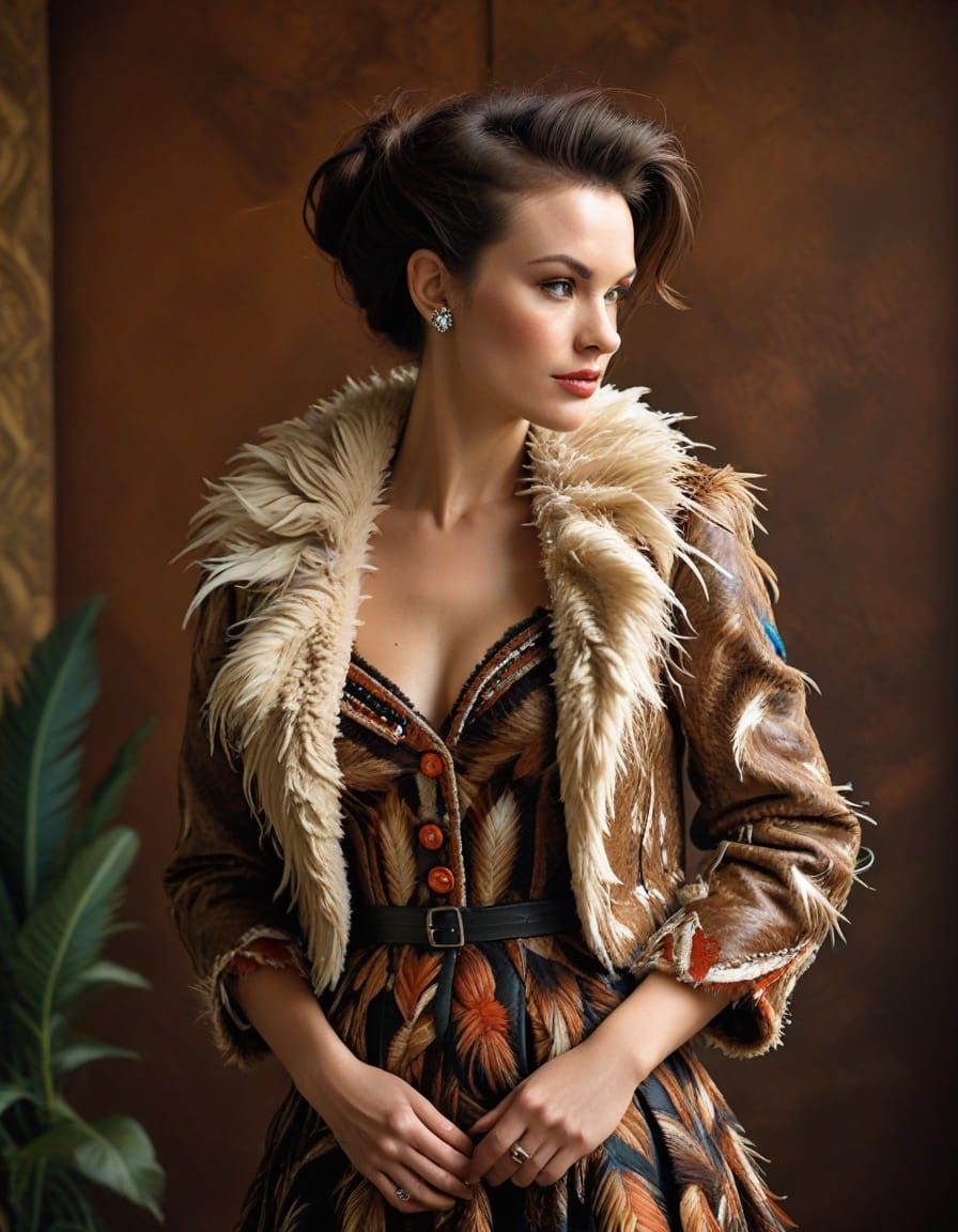 Haute Couture Pin-Up in Lamb Skin and Rooster Feathers