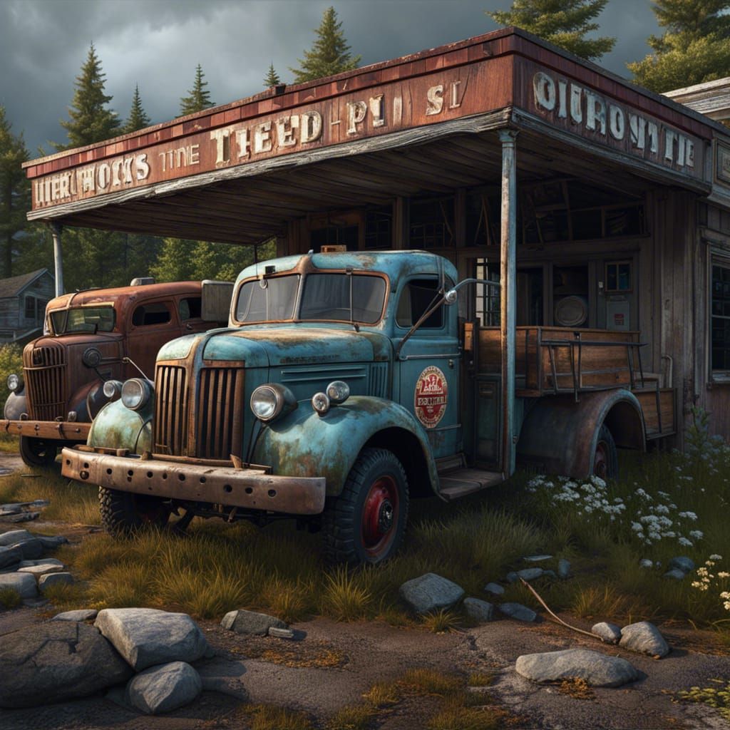 Sinister Abandoned Gas Station in Maine, Hyperrealistic