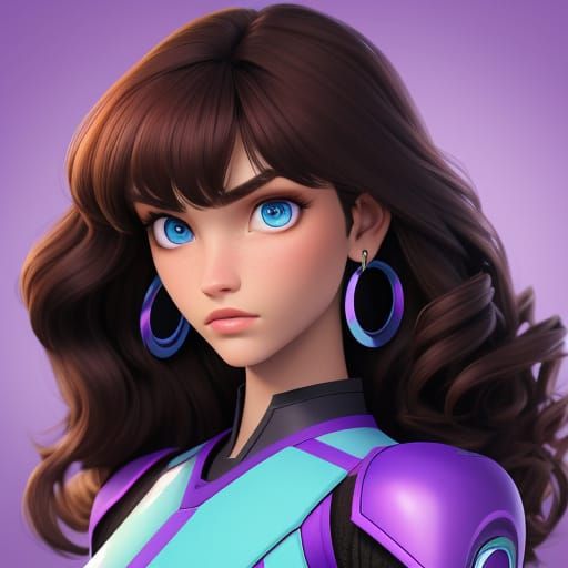 18 year old Young woman with blue eyes with an oval face with bangs and short brown frizzy wavy hair as the purple power...