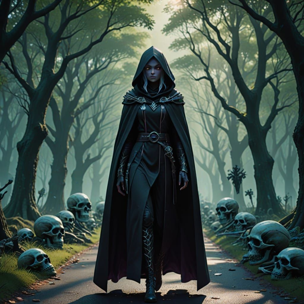 Dark Elf Warlock in Misty Forest: Anime Style