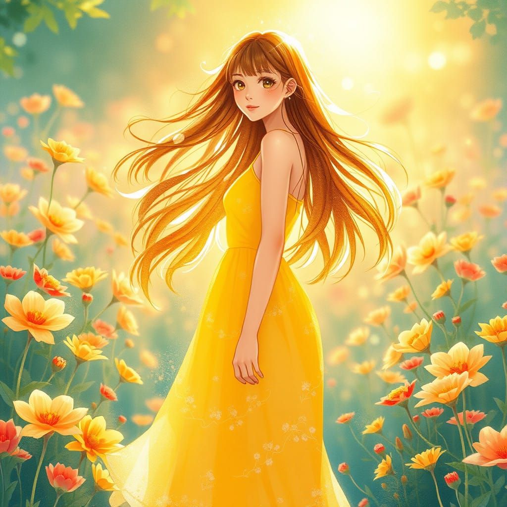 Ethereal Goddess Among Vibrant Blooms in Sunlit Garden
