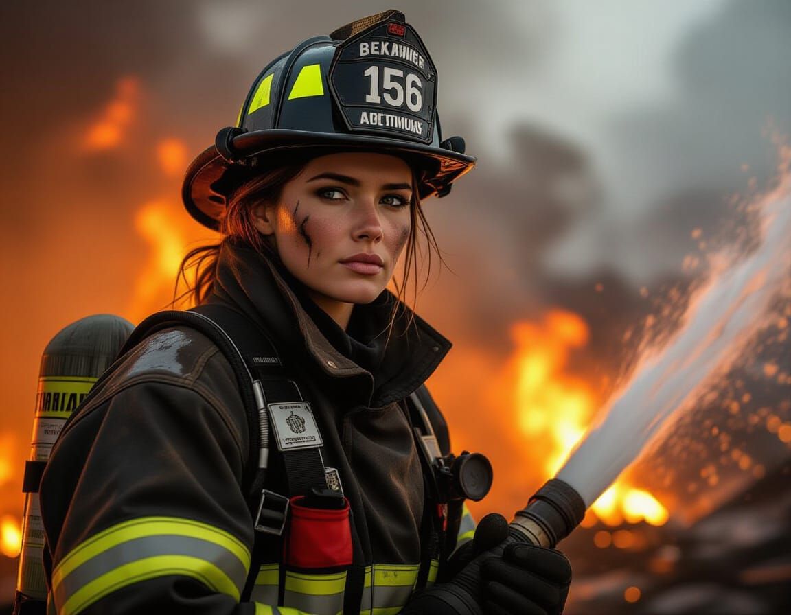 Brave Firefighter Against Raging Inferno: Photorealistic Sty...