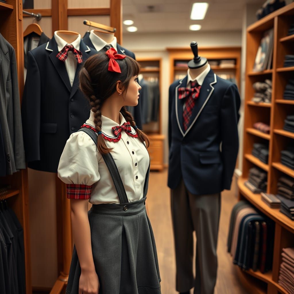 Charming Woman Admires Classic Men's School Uniform in Vinta...