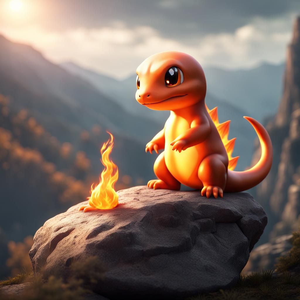Charmander on Mountain Rock: Fantasy Concept Art