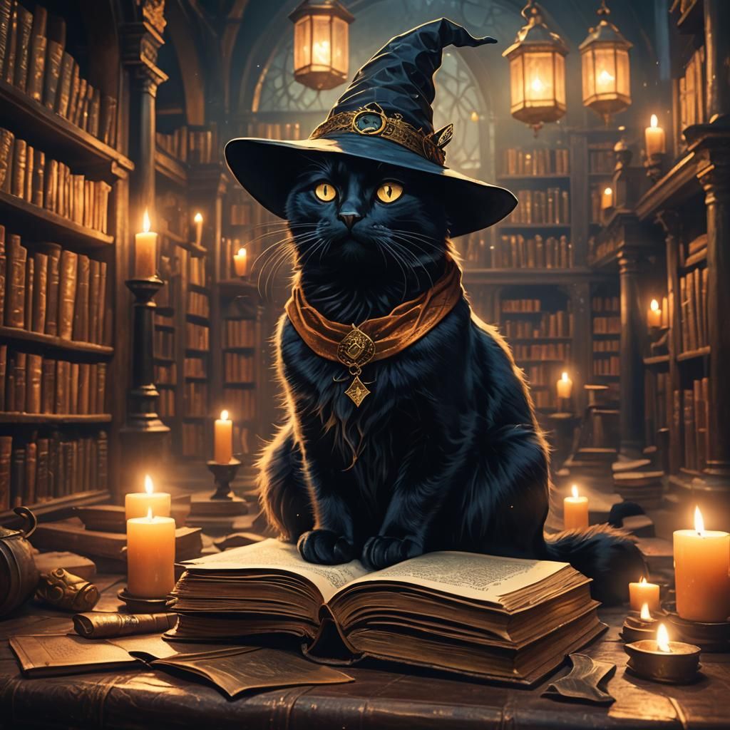 Black Cat Wizard in Mystical Library: Fantasy Art