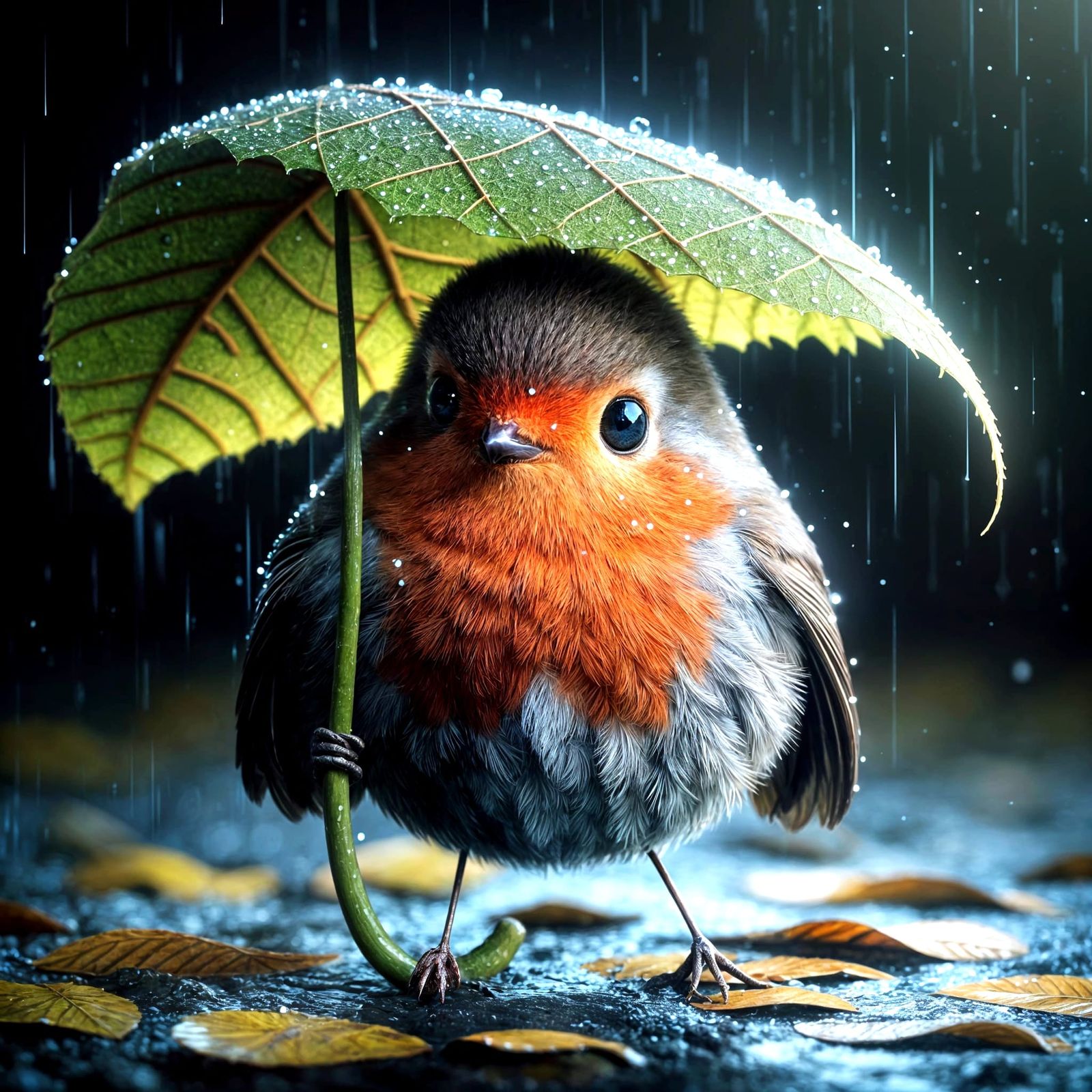 Cartoon Robin Sheltering From Rain in Digital Art