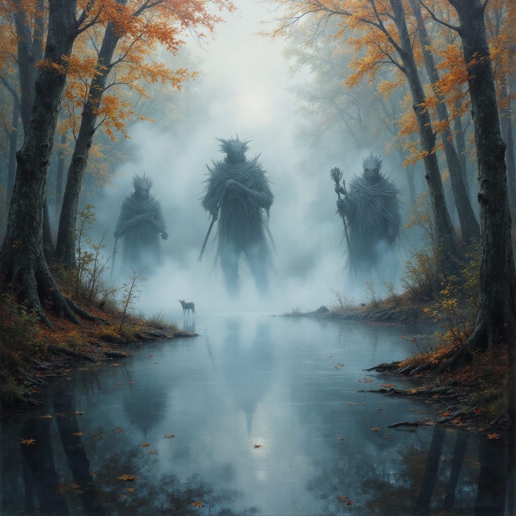 Fog Spirits Emerge from Enchanted Forest in Oil Painting