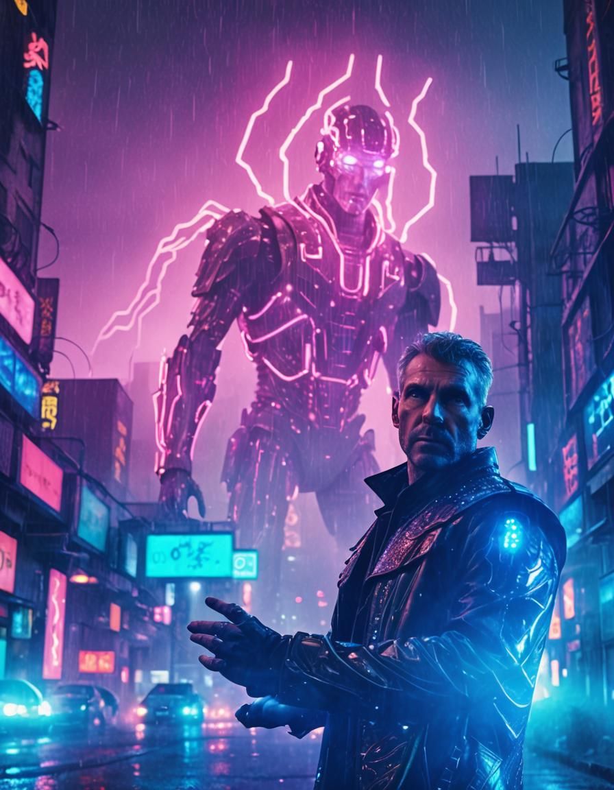 Neon Cityscape: Cybernetic Man in Futuristic Setting