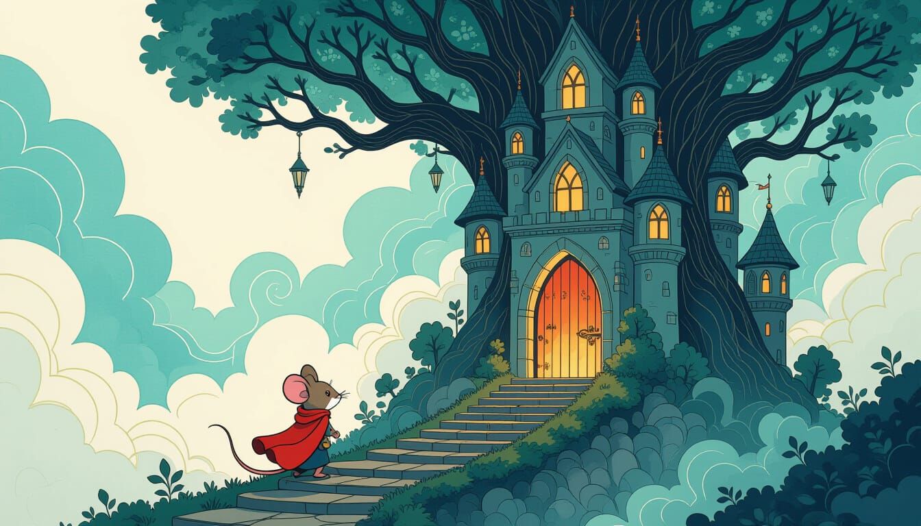 Mouse at Tree Castle: Fantasy Line-Art in Alcohol Ink