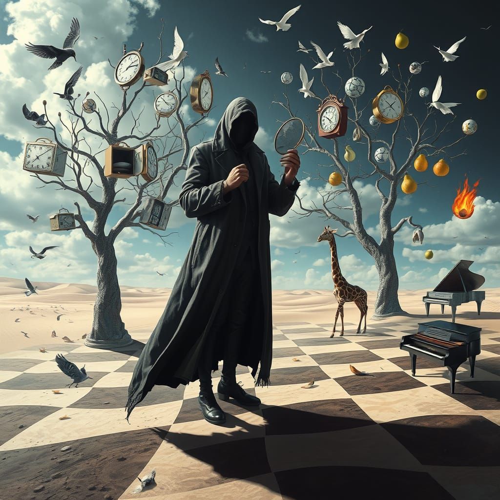 Surreal Mirror Orchard with Open Drawers and Glass Birds