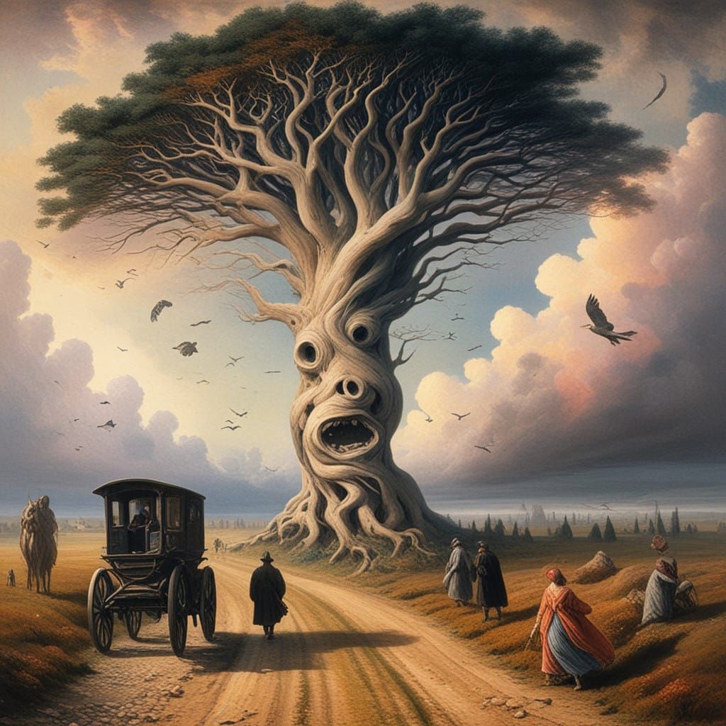 Surrealist Cedar Tree in Hungarian Folk Art Style