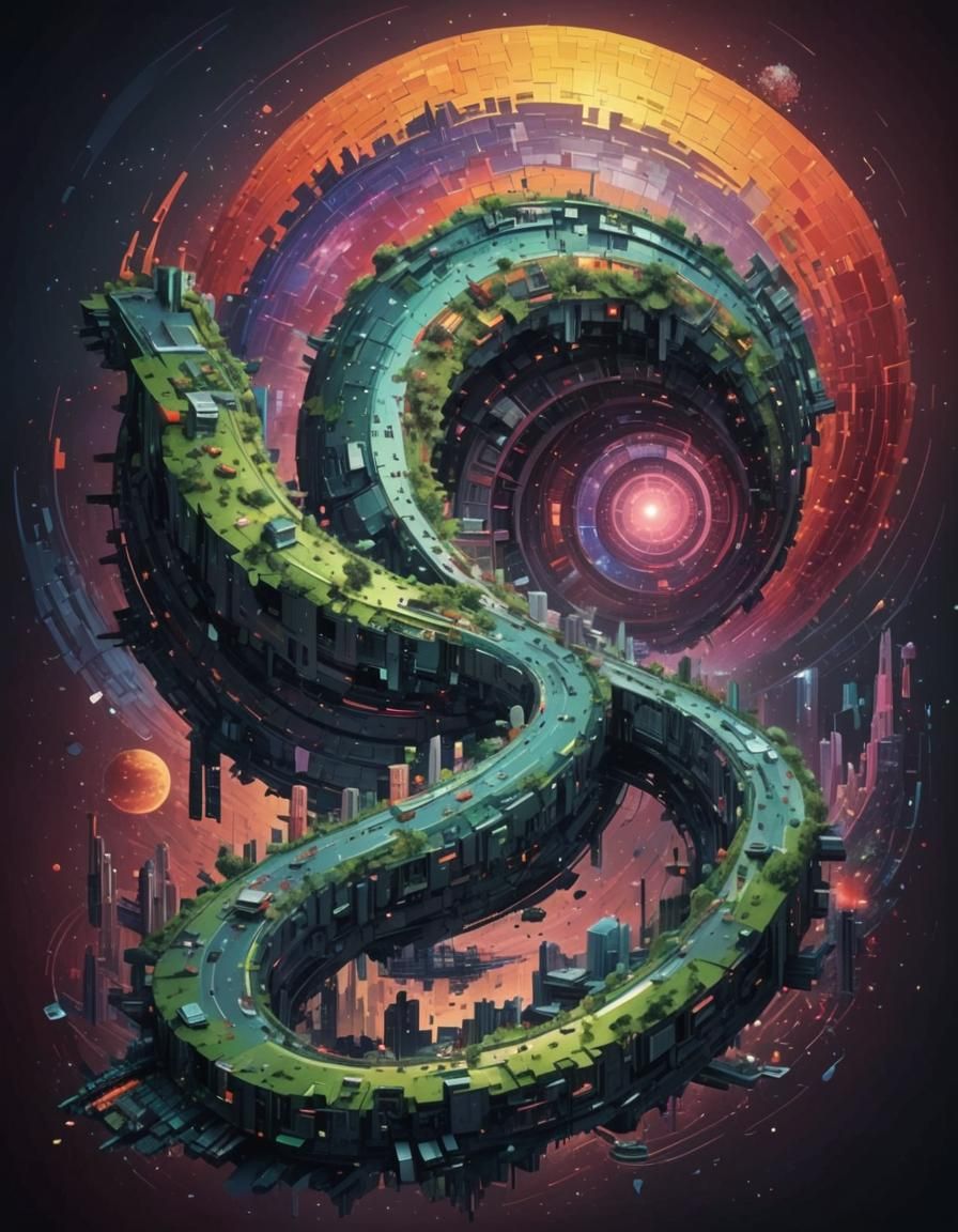 Pixelated Neofuturistic Landscape in Geometric Fauvism Style