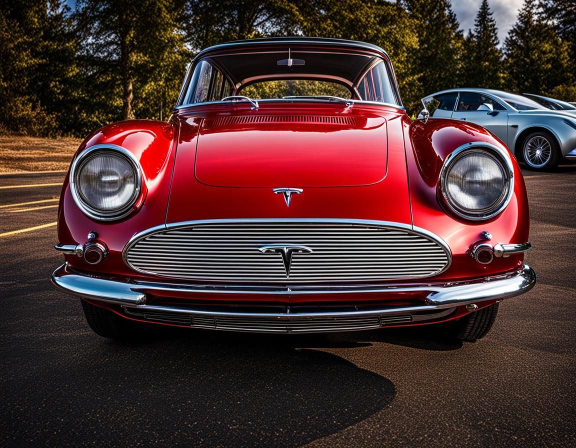 1960s Red Tesla Electric Car in Hyperrealistic Photo