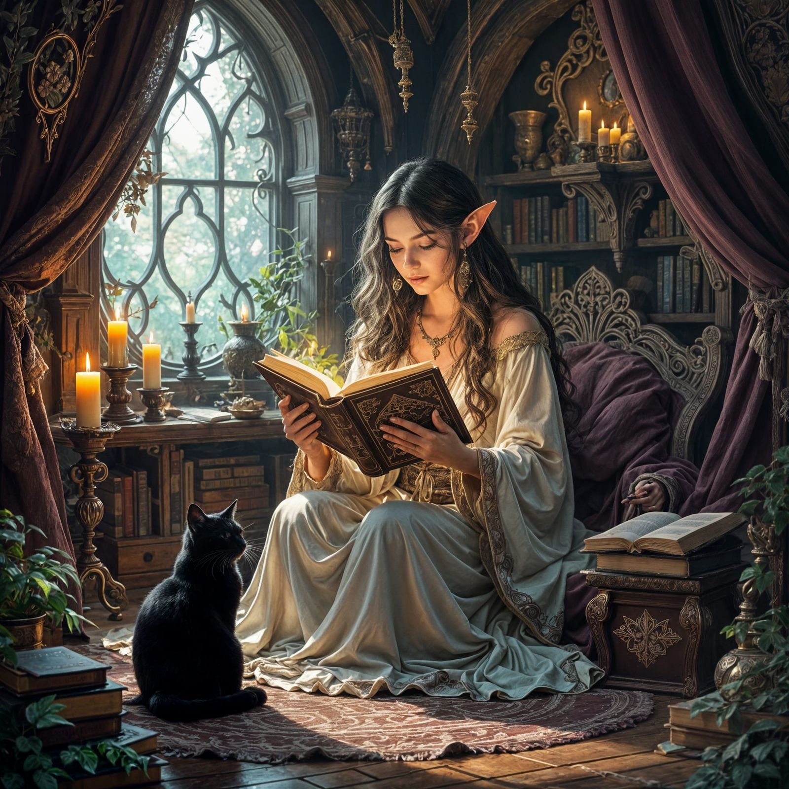 Elven witch reading a spellbook with her familiar
