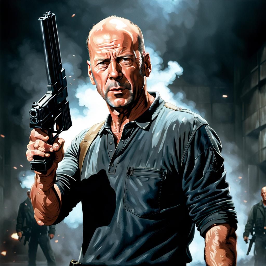 Bruce Willis in Ghibli Style Die Hard Poster