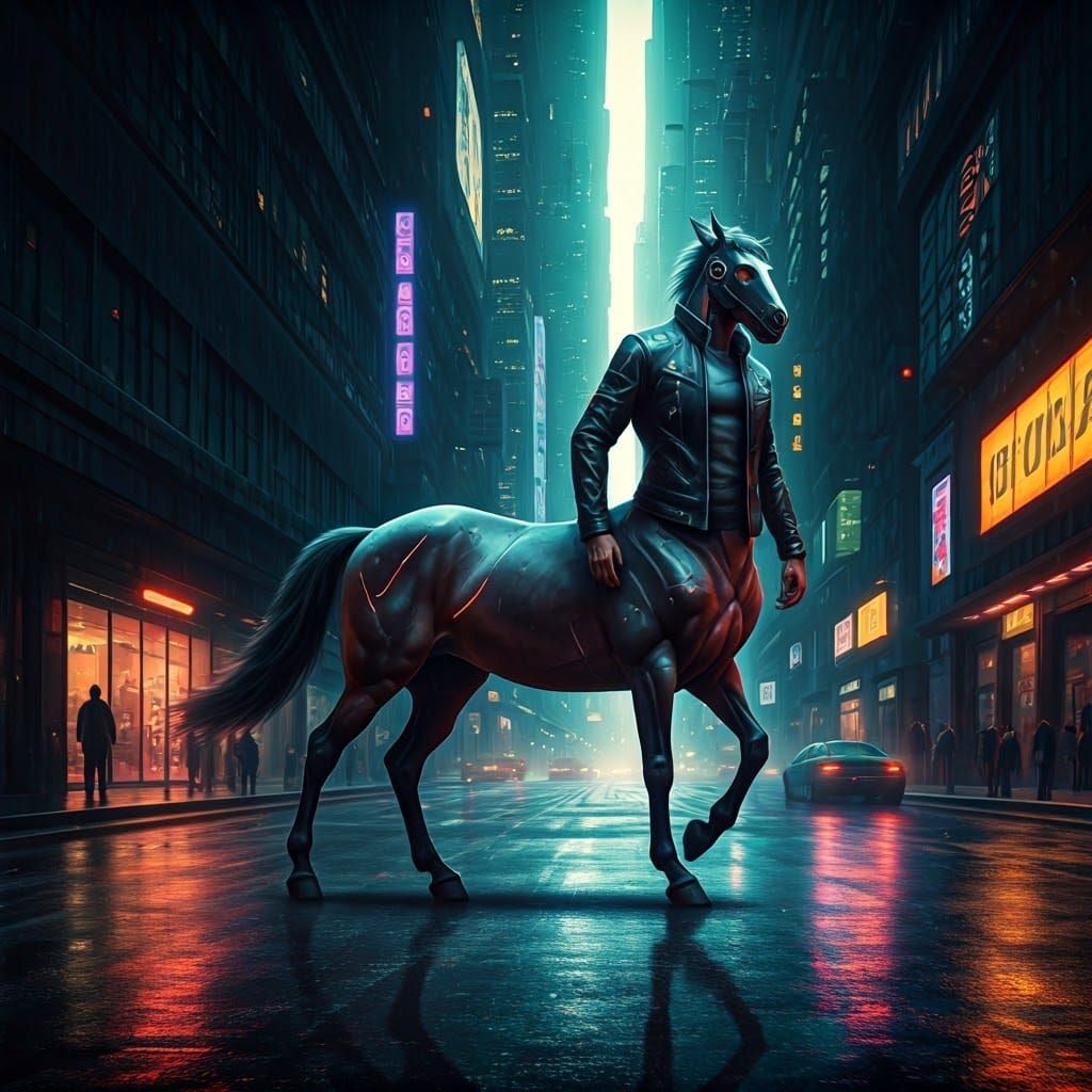 Futuristic Cyberpunk Centaur in Dystopian Cityscape