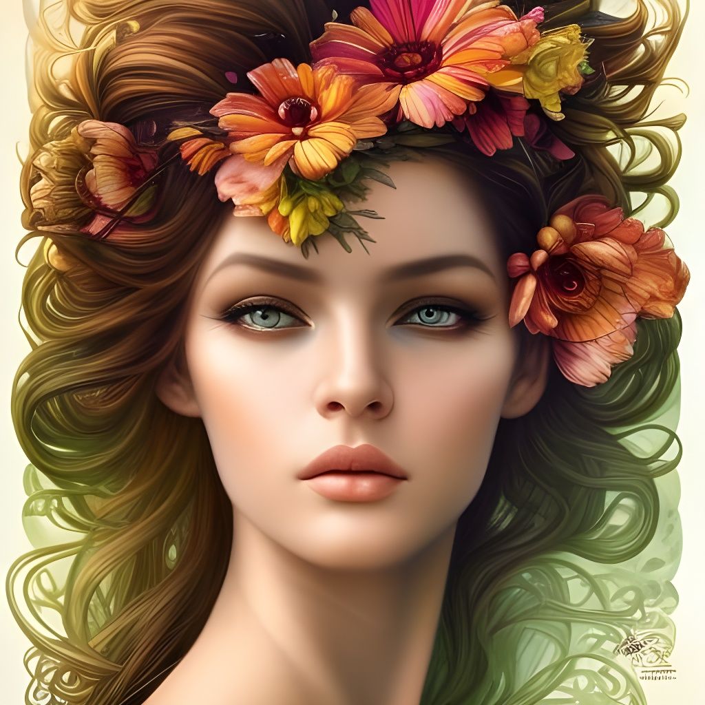 Beautiful Woman with Flowers, Detailed Fantasy Art
