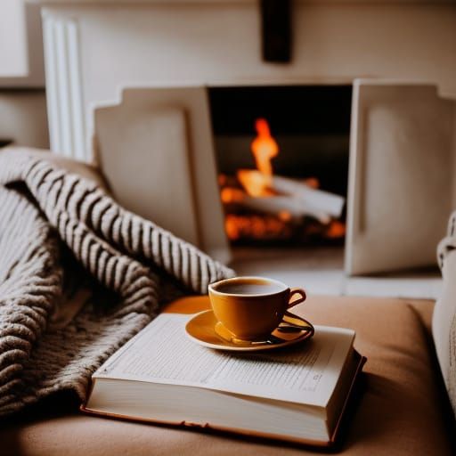 Cozy Living Room Scene with Tea and Fireplace