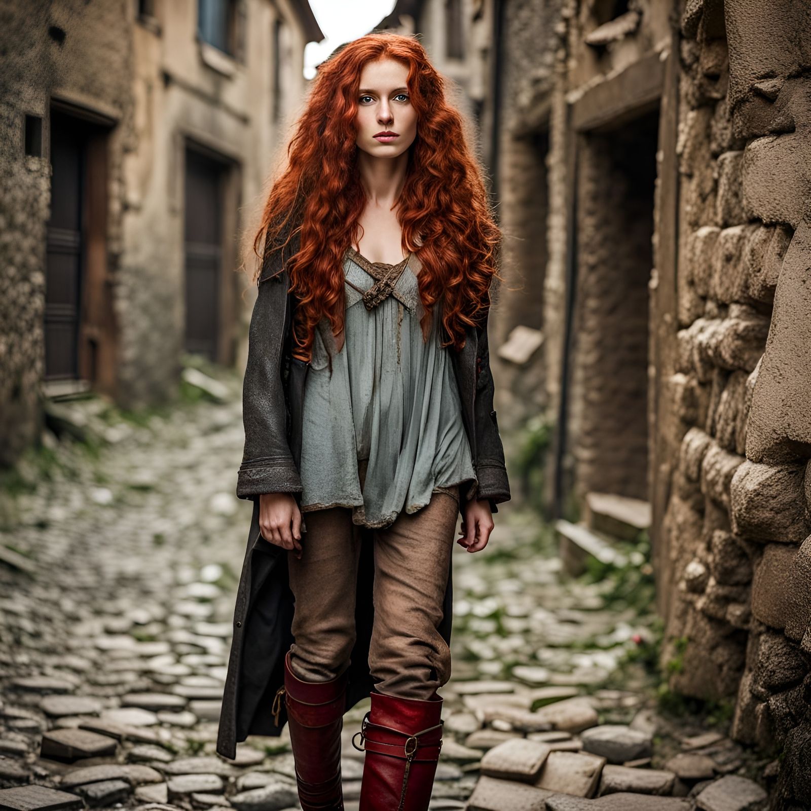 Medieval Waif in Poverty, Natural Daylight Stock Photo