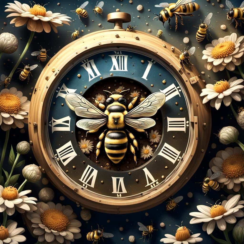 Surreal Bees Working with Alarm Clock