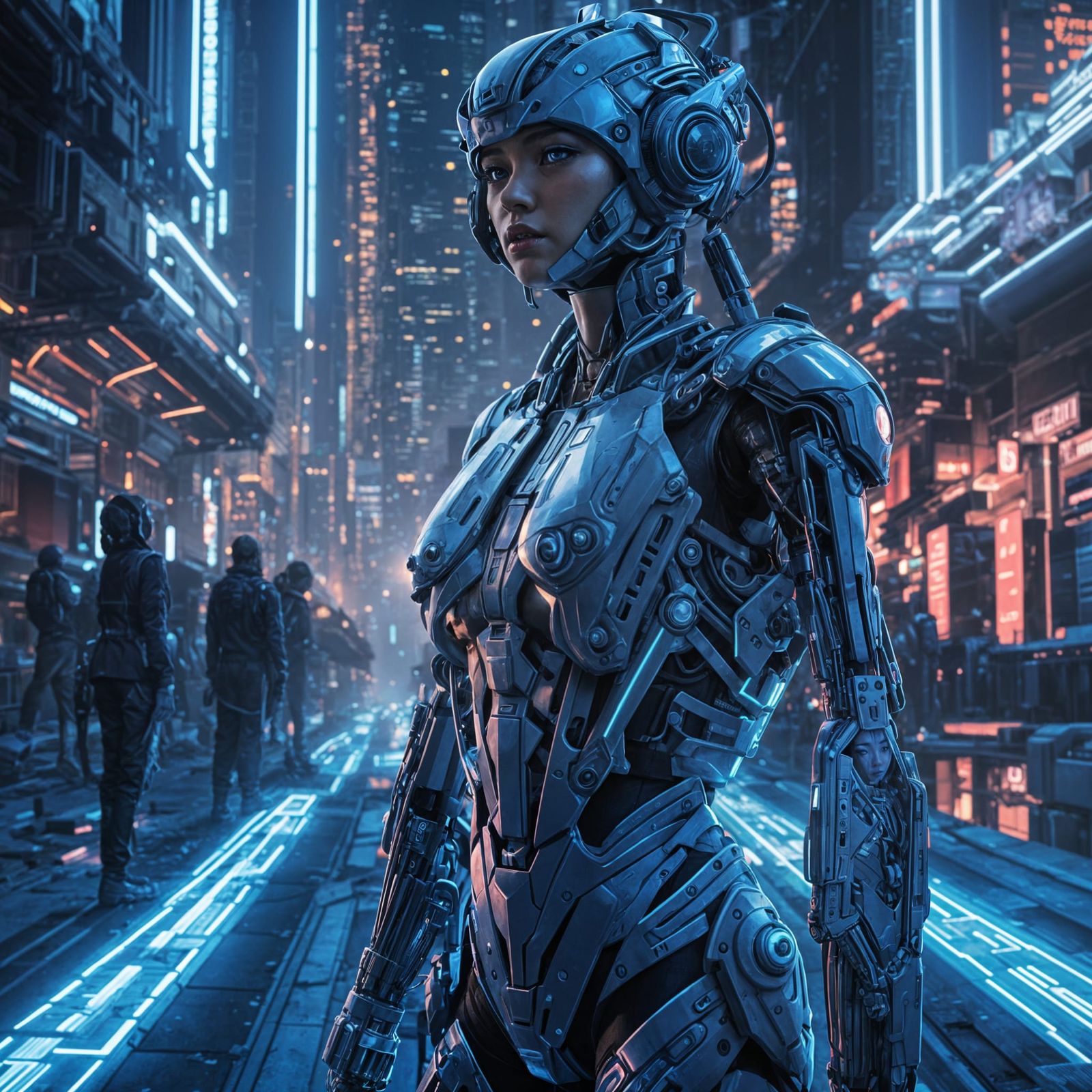 Surreal Blue Cyborg Goddess in Futuristic Cityscape