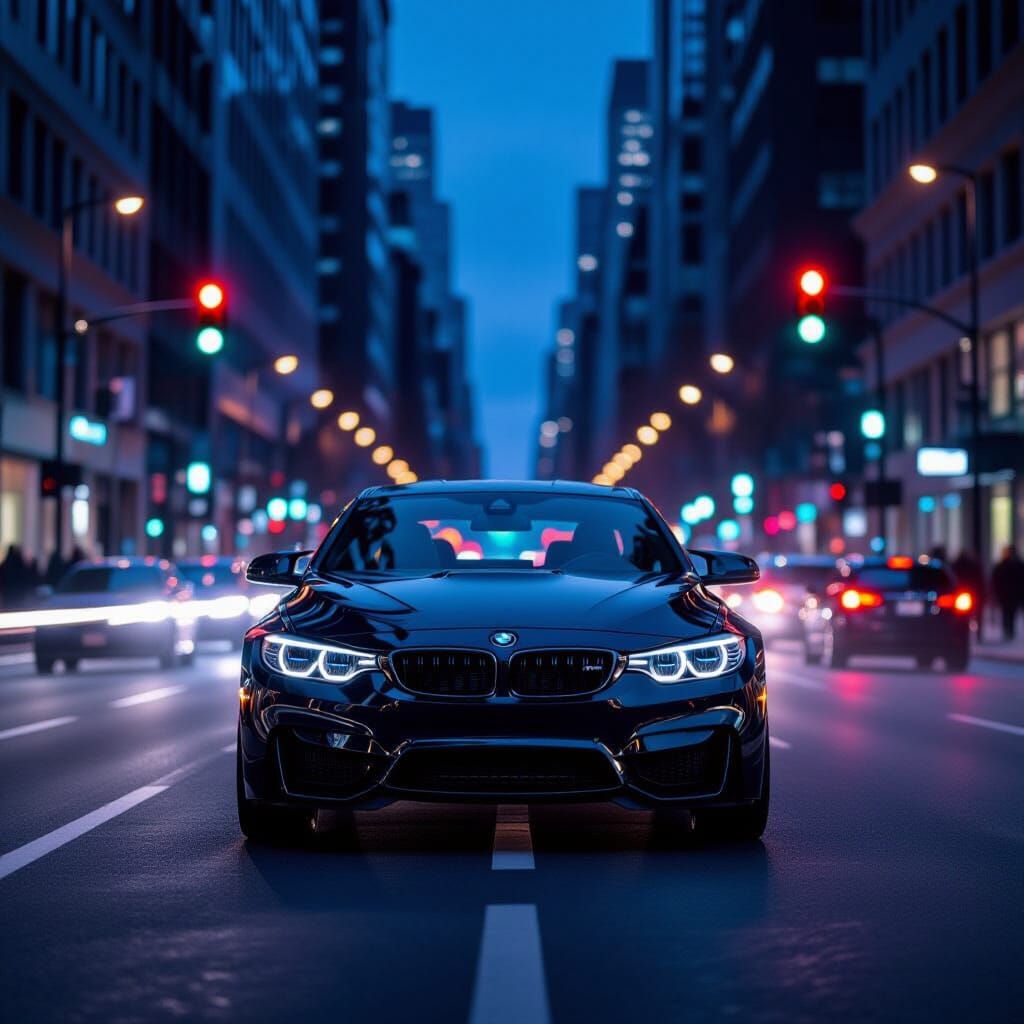 Sleek Black BMW on a Mysterious City Street at Night