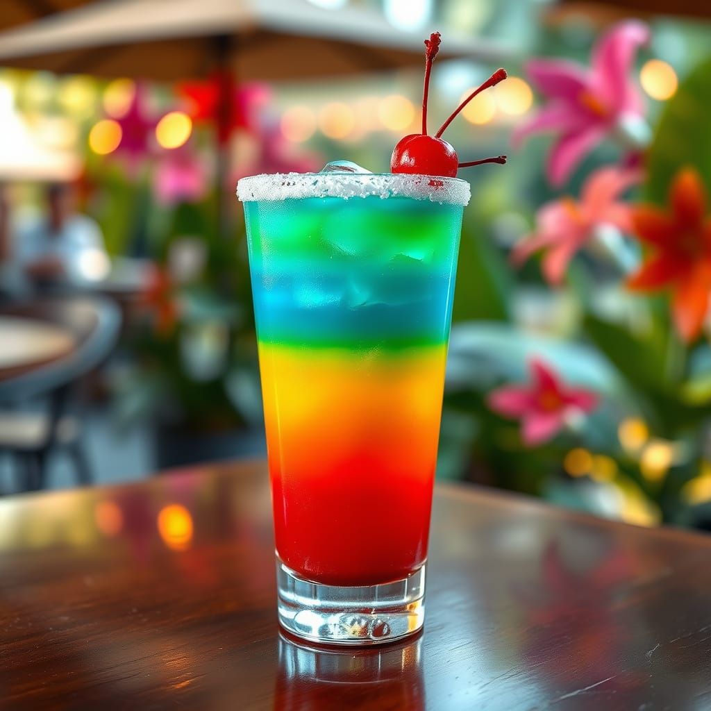 Rainbow Cocktail on a Dark Wood Table