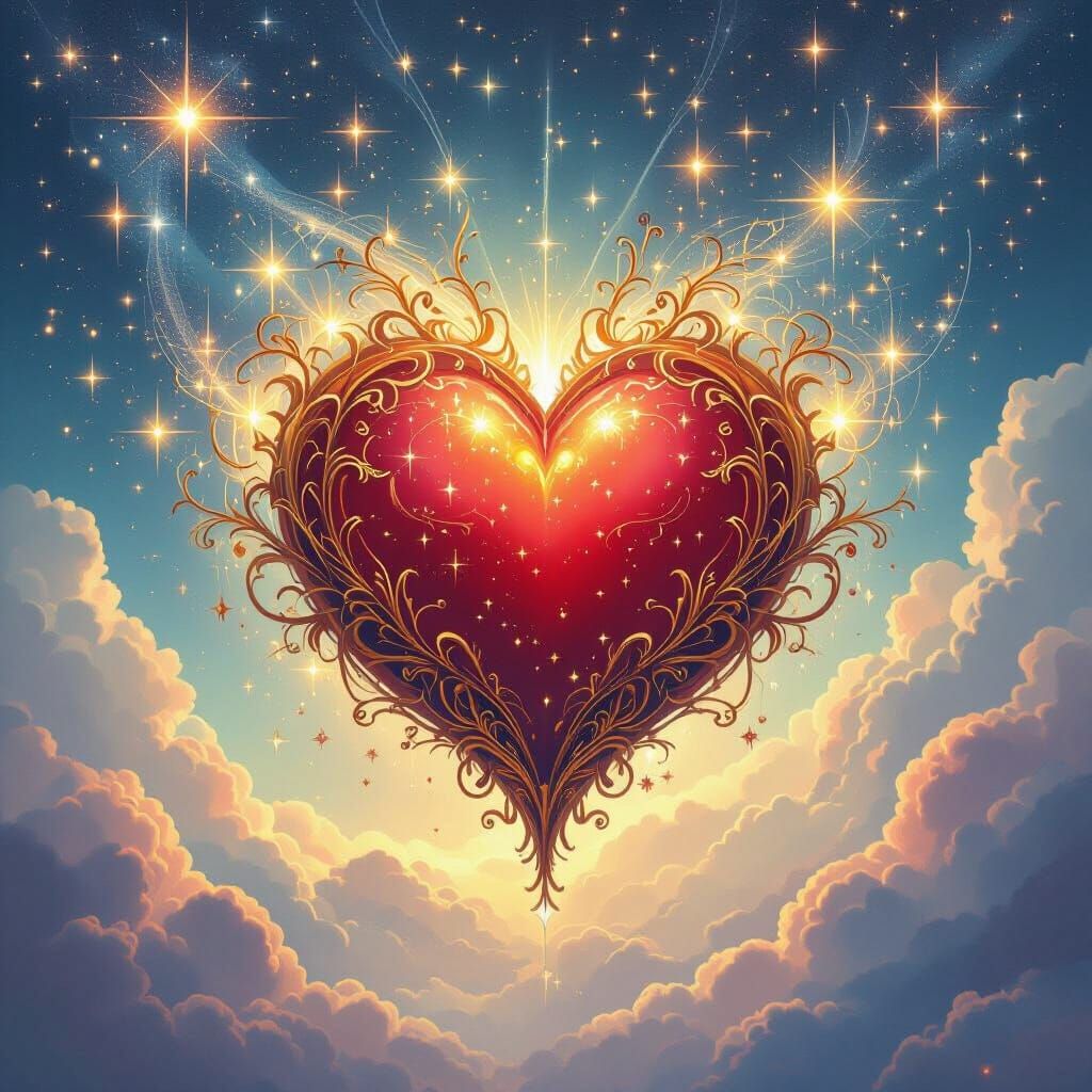 Intricate Heart with Celestial Lights as Digital Art