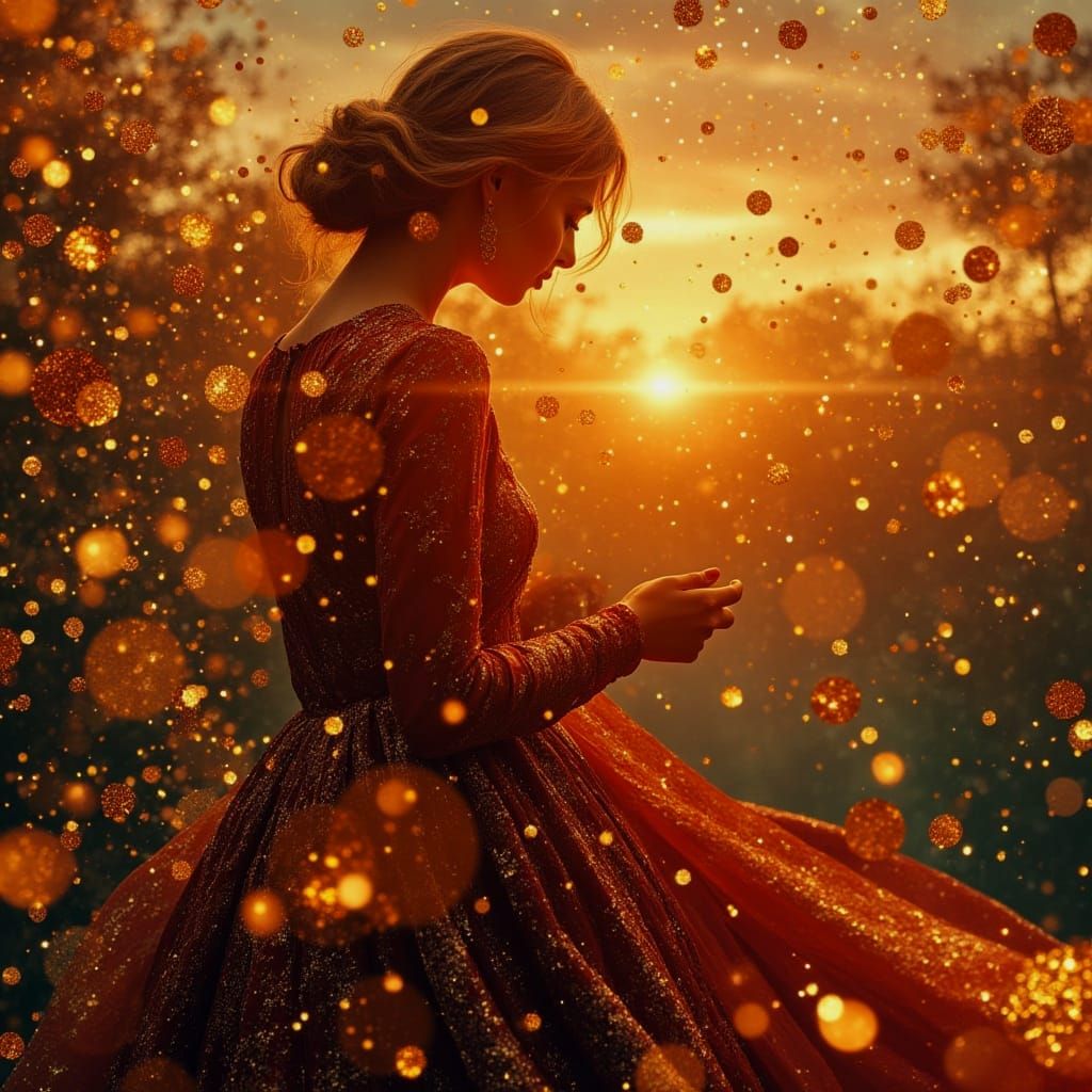 Radiant Woman in Gown Bathed in Sunset Light